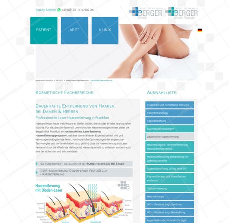 Abbildung zeigt eine Internetseite eines Schönheitsbehandlungsangebotes der Frankfurter Klinik. Corporate Design Farben sind Marineblau und Türkis. Sanftes Grau wirkt abschwächend und dezent. Rechteckige Formen werden als Gestaltungselemente genutzt.
