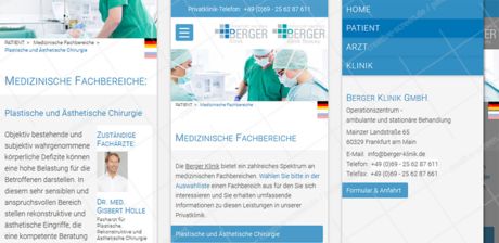 Versionen der Webseitengestaltung für mobile Wiedergabegeräte. Das Webdesign der Schönheitsklinik wird auf ein schmales Format minimiert. Firmenlogos, Kontaktdaten und mobile Navigation blieben erreichbar. Die Anmutung der Online-Layouts bleibt erhalten.