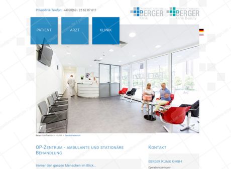 Screendesign der Klinik-Präsentation. Eine Bildergalerie zeigt quadratische Großaufnahmen von Klinikräumen. Über der Galerie hängen drei quadratische Hauptmenüpunke, die sich per Mouse-Over als Dropdown öffnen. Farbgebung ändert sich je nach Themengebiet.